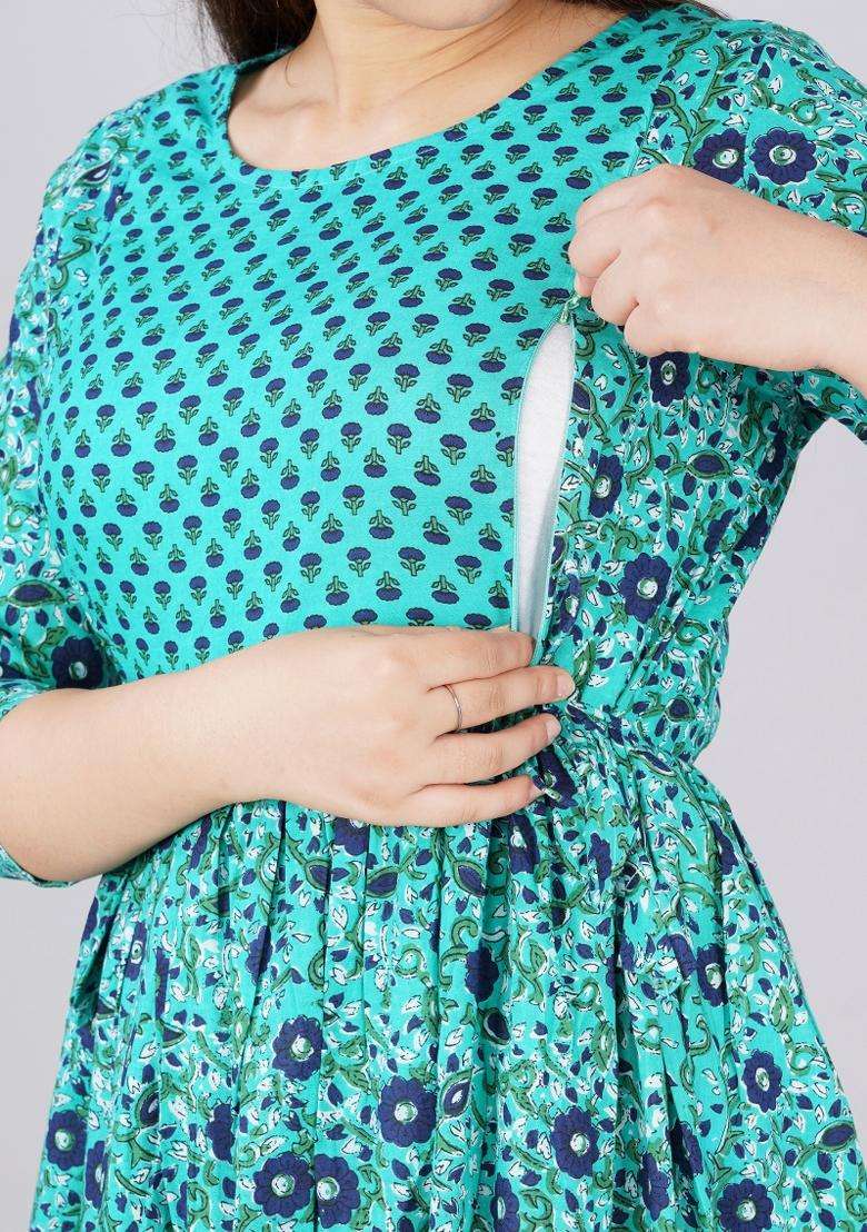 Sea Green Printed Cotton Maternity Maxi Dress for Diwali and Festive Wear - Indya