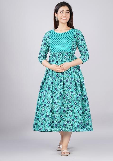 Sea Green Printed Cotton Maternity Maxi Dress