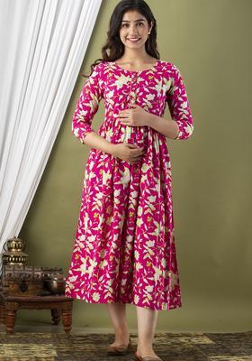 Pink Printed Cotton Maternity Maxi Dress