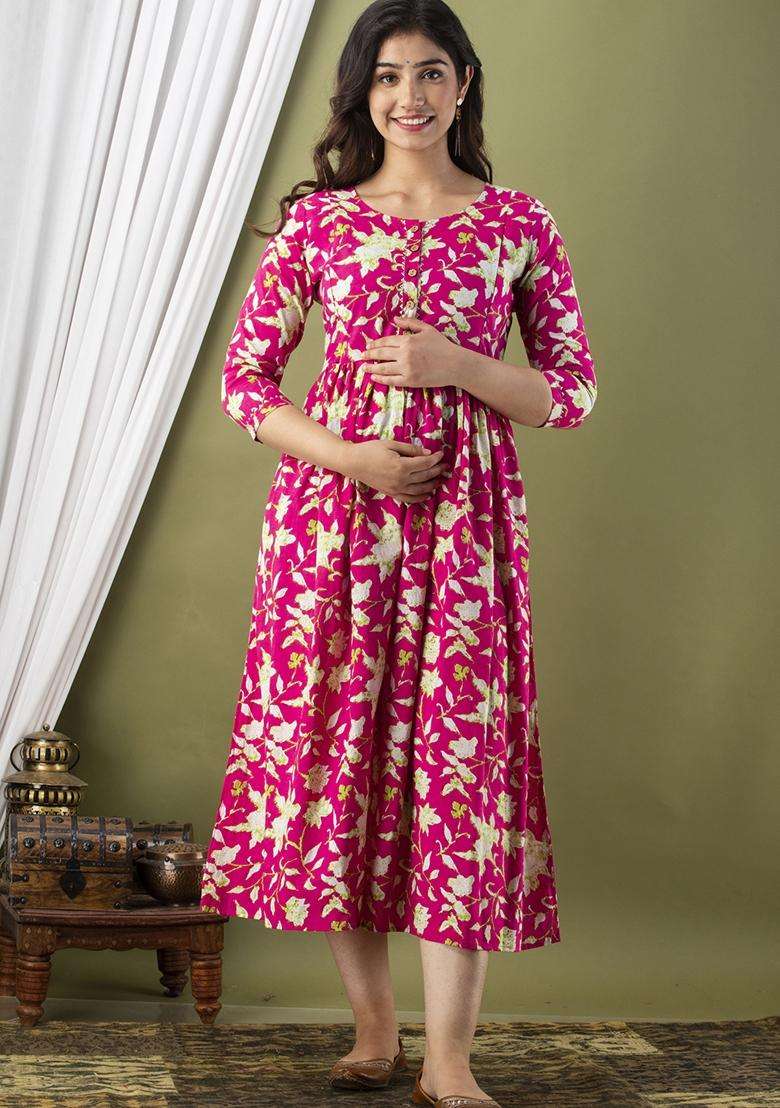 Pink Maternity Maxi Cotton Dress with Printed for Diwali | Wedding & Festive Wear - Indya