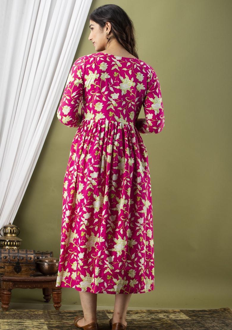 Pink Printed Cotton Maternity Maxi Dress - Indya