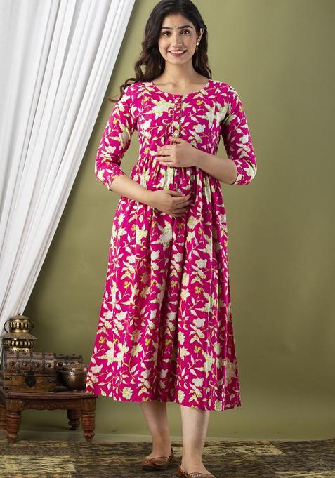 Pink Printed Cotton Maternity Maxi Dress