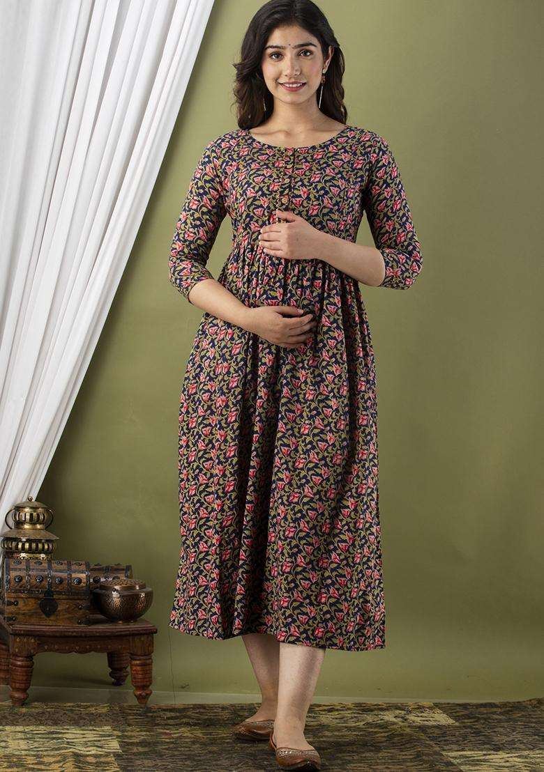 Dark Blue Printed Cotton Maternity Maxi Dress for Diwali and Festive Wear - Indya