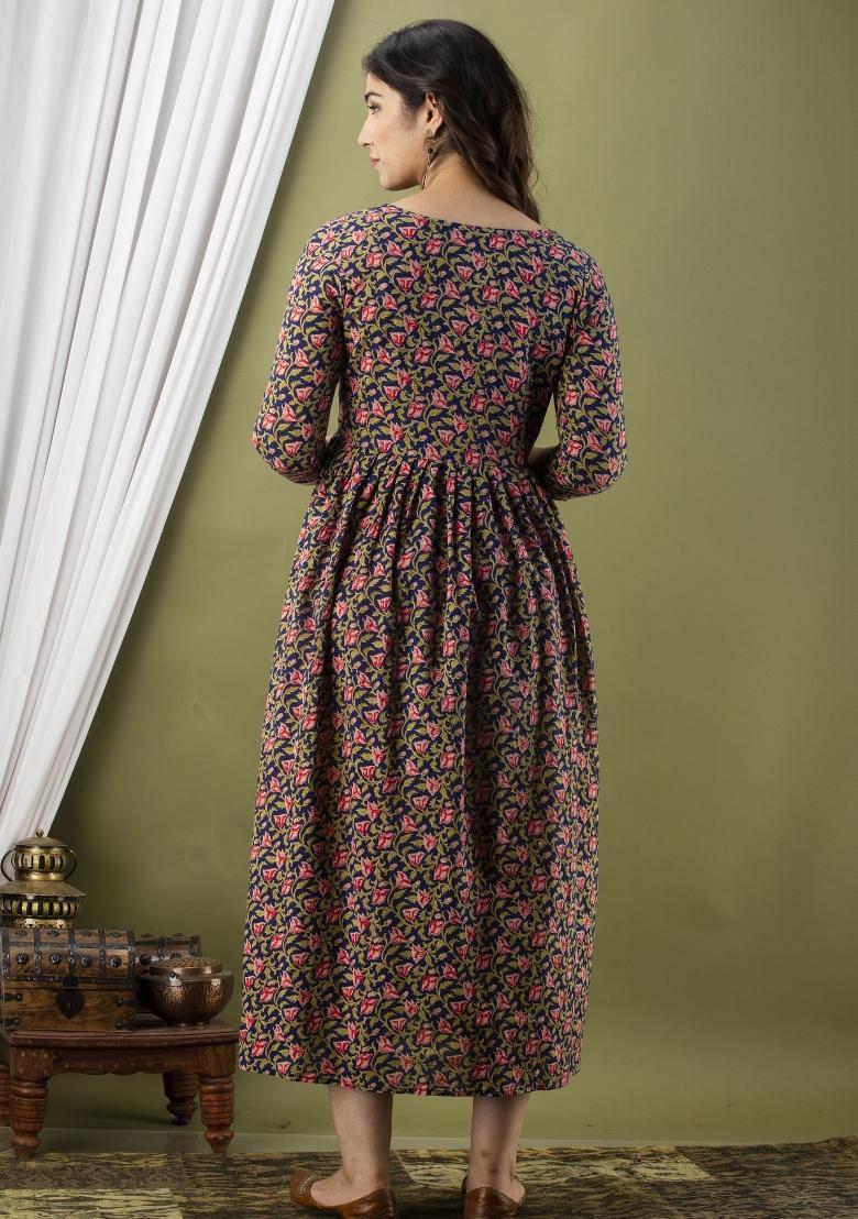 Dark Blue Printed Cotton Maternity Maxi Dress - Indya