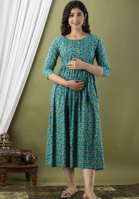 Sky Blue Printed Cotton Maternity Maxi Dress