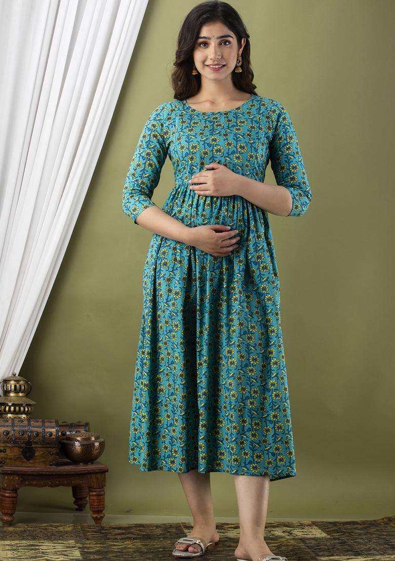 Sky Blue Printed Cotton Maternity Maxi Dress for Diwali and Festive Wear - Indya