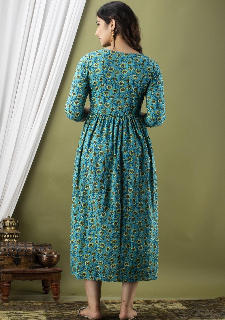 Sky Blue Printed Cotton Maternity Maxi Dress - Indya