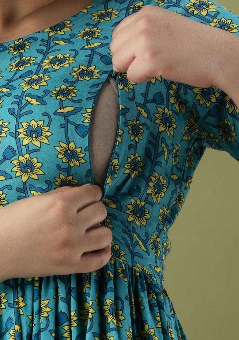 Sky Blue Printed Cotton Maternity Maxi Dress for Diwali and Festive Wear - Indya