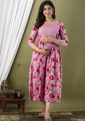 Pink Printed Cotton Maternity Maxi Dress