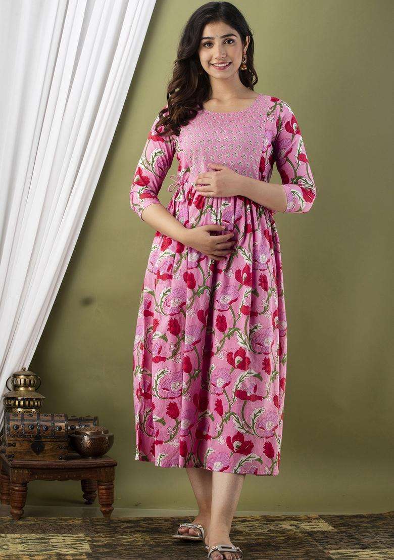 Pink Maternity Maxi Cotton Dress with Printed for Diwali | Wedding & Festive Wear - Indya