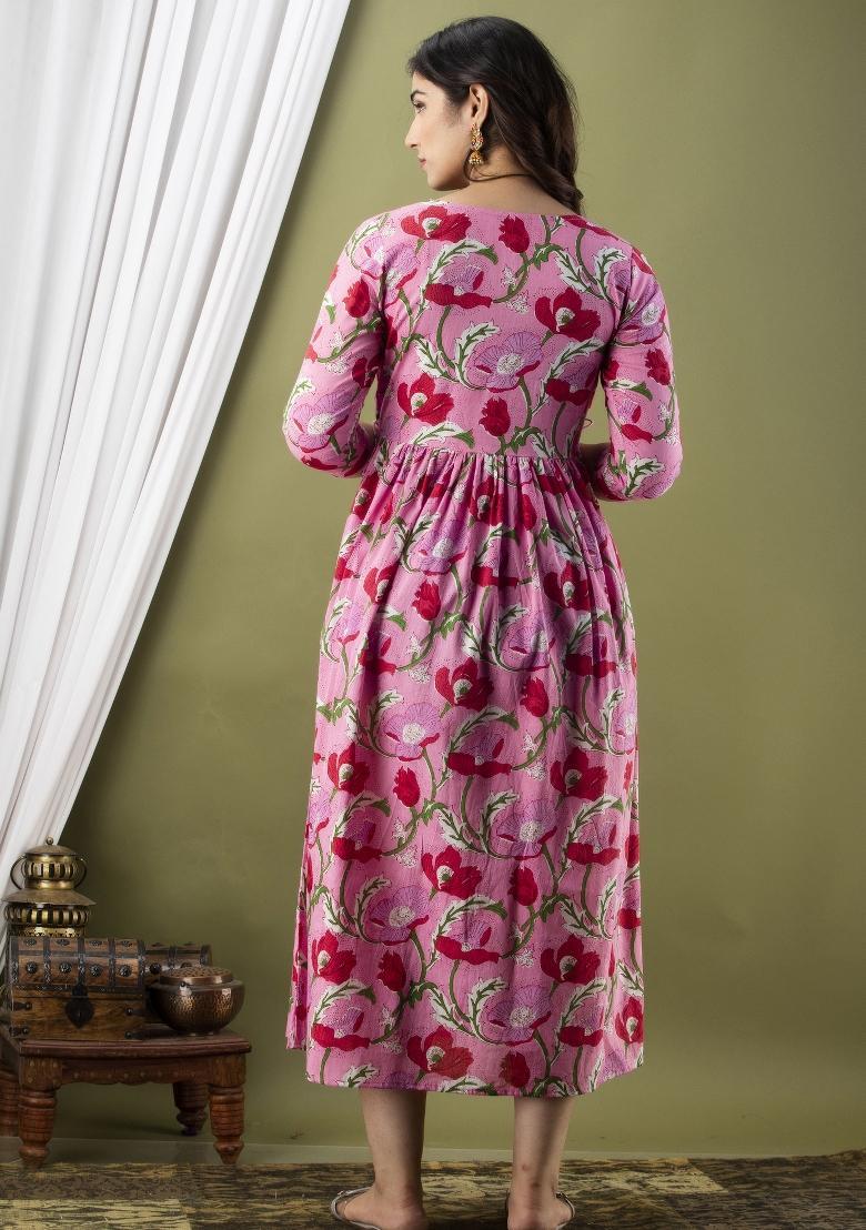 Pink Printed Cotton Maternity Maxi Dress - Indya