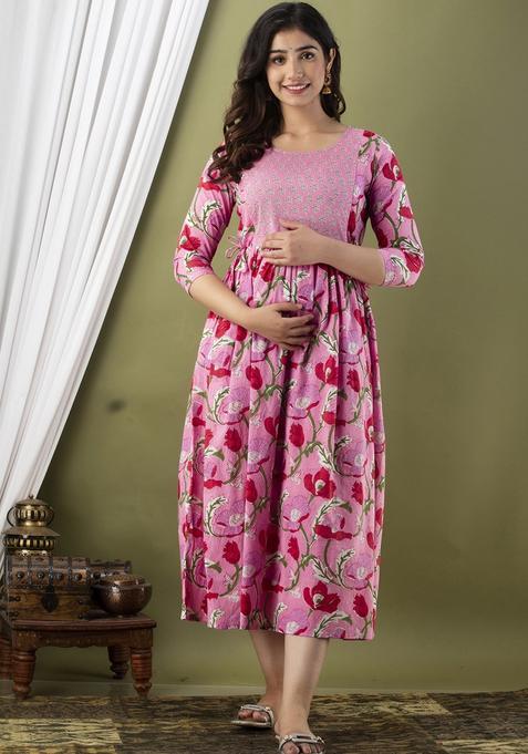 Pink Printed Cotton Maternity Maxi Dress