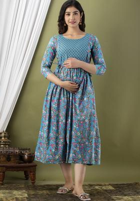 Blue Printed Cotton Maternity Maxi Dress