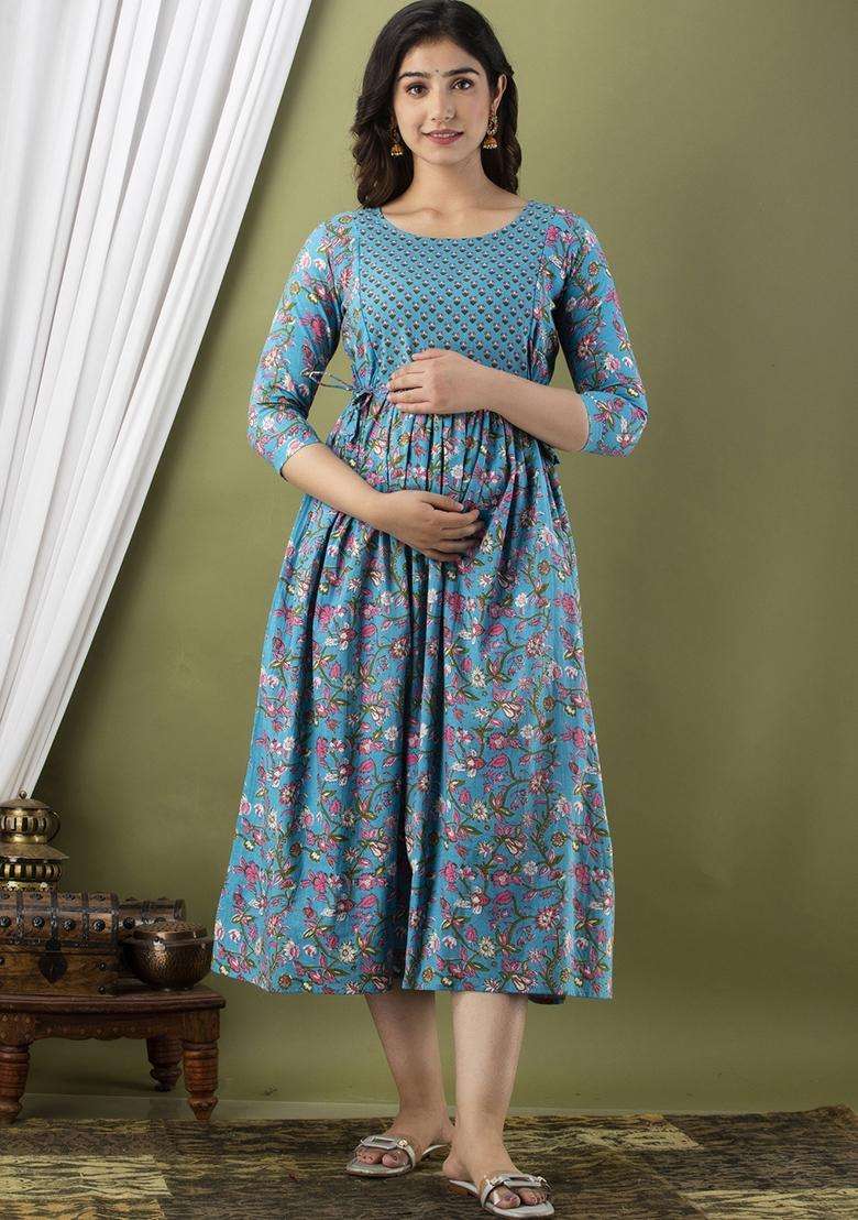 Blue Printed Cotton Maternity Maxi Dress for Diwali and Festive Wear - Indya