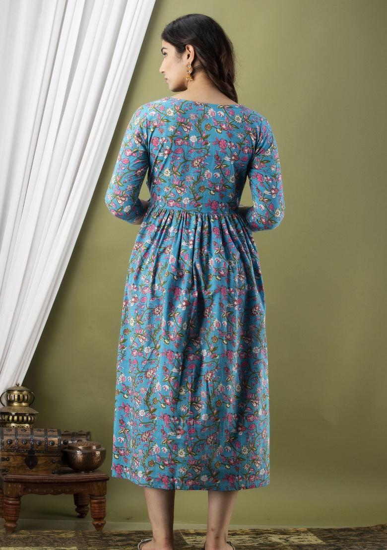 Blue Printed Cotton Maternity Maxi Dress - Indya