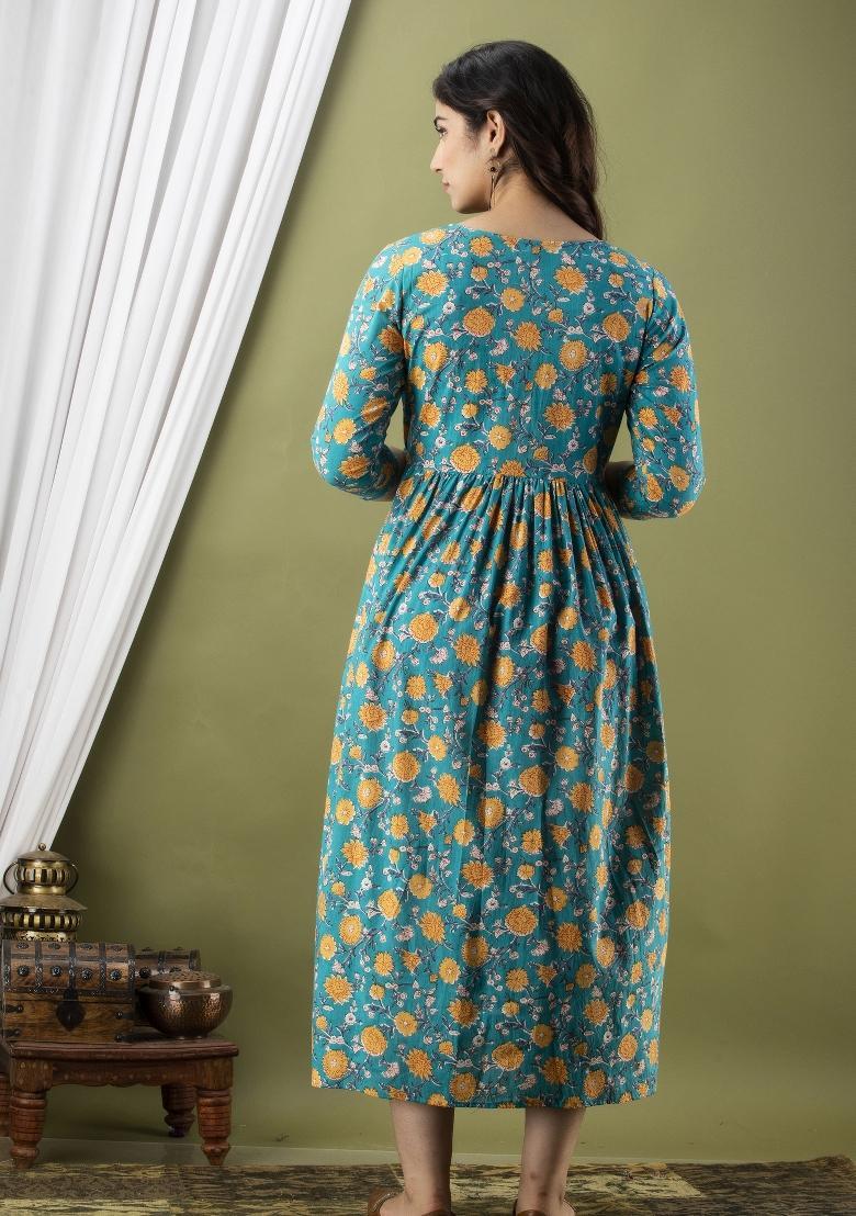 Sky Blue Printed Cotton Maternity Maxi Dress - Indya