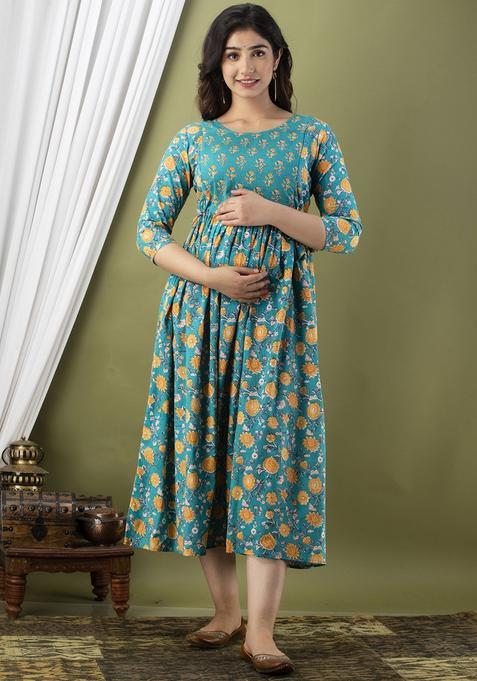 Sky Blue Printed Cotton Maternity Maxi Dress