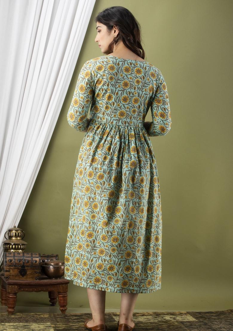 Sea Green Printed Cotton Maternity Maxi Dress - Indya