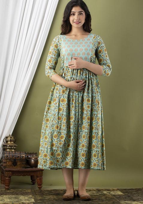 Sea Green Printed Cotton Maternity Maxi Dress