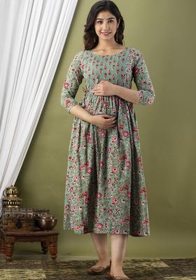 Olive Printed Cotton Maternity Maxi Dress