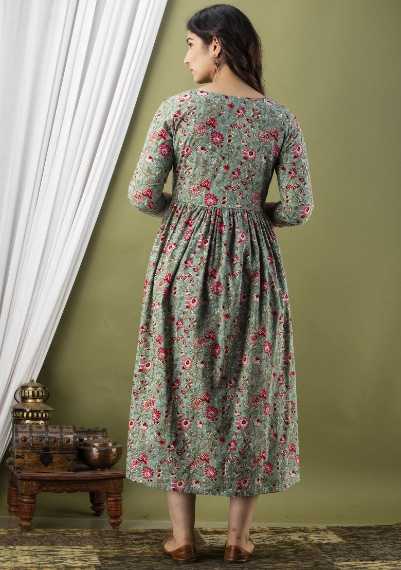 Olive Printed Cotton Maternity Maxi Dress - Indya