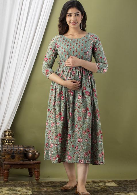 Olive Printed Cotton Maternity Maxi Dress