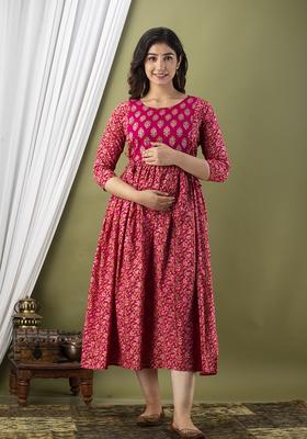Pink Printed Cotton Maternity Maxi Dress