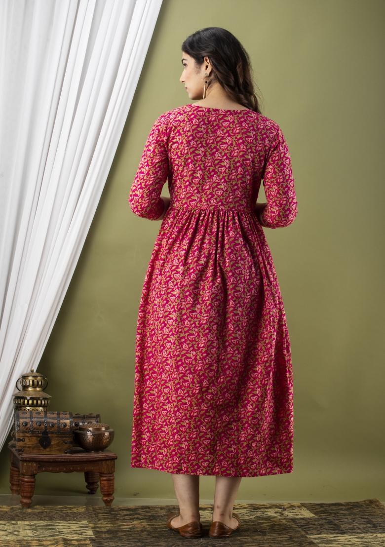 Pink Printed Cotton Maternity Maxi Dress - Indya