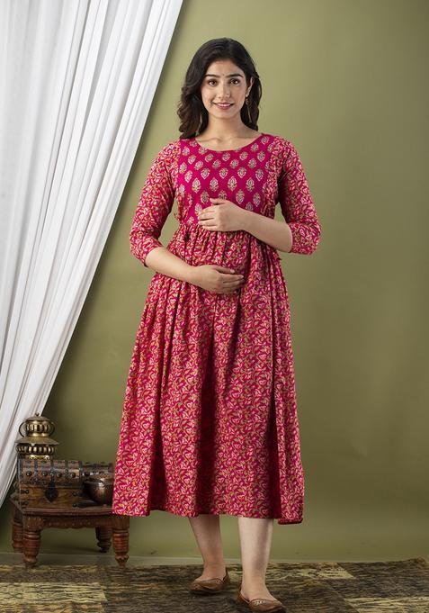 Pink Printed Cotton Maternity Maxi Dress