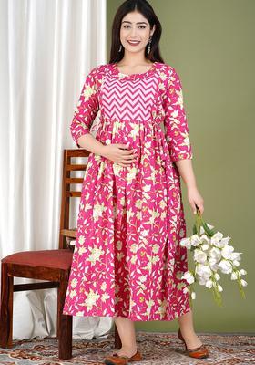 Pink Printed Cotton Maternity Maxi Dress