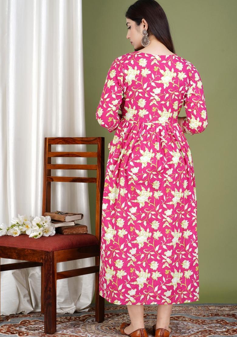Pink Printed Cotton Maternity Maxi Dress - Indya
