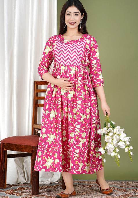 Pink Printed Cotton Maternity Maxi Dress
