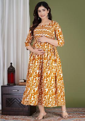 Yellow Printed Cotton Maternity Maxi Dress