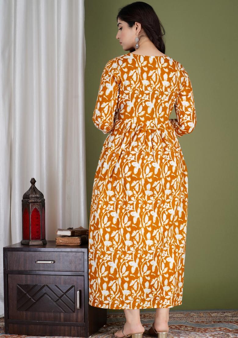 Yellow Printed Cotton Maternity Maxi Dress - Indya