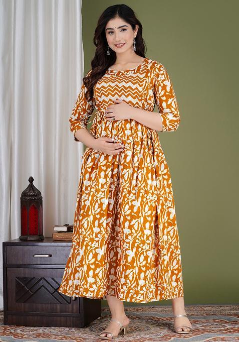 Yellow Printed Cotton Maternity Maxi Dress