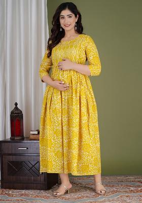 Yellow Printed Cotton Maternity Maxi Dress