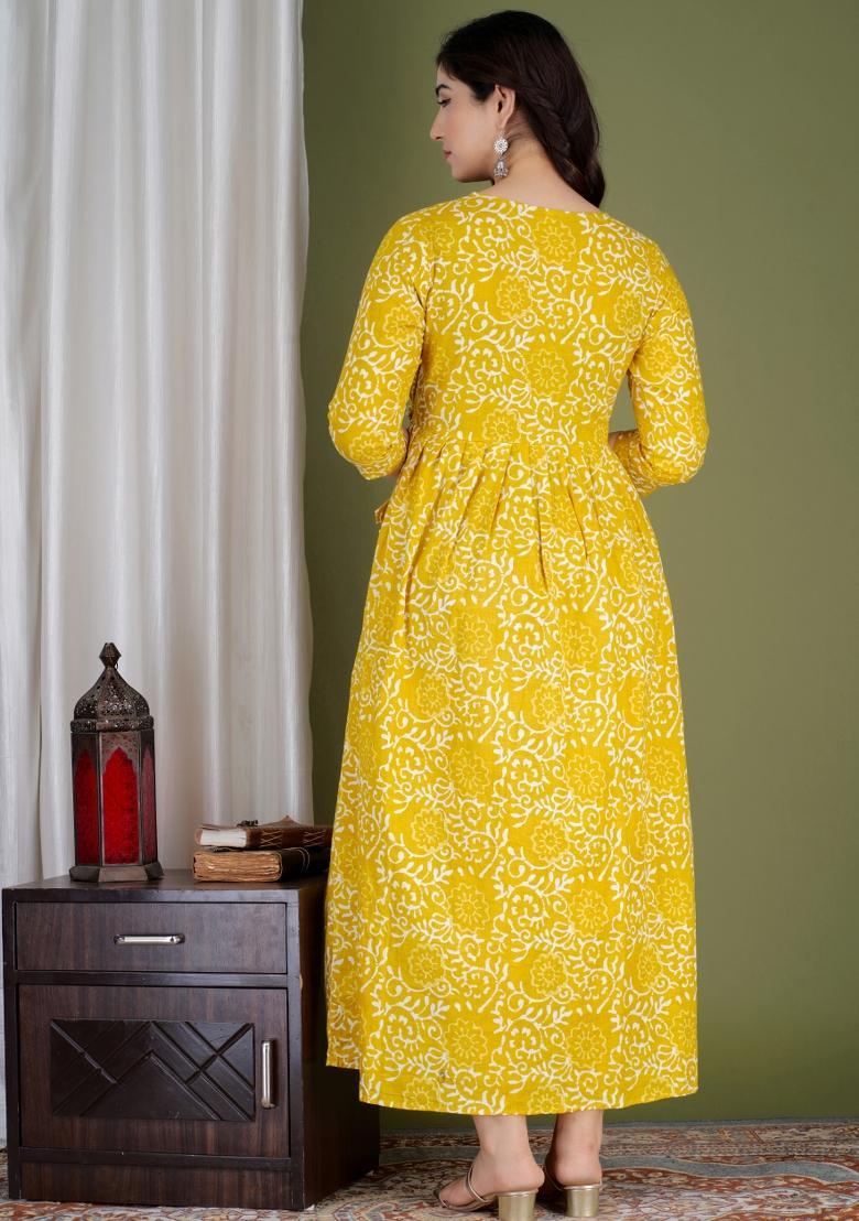 Yellow Printed Cotton Maternity Maxi Dress - Indya