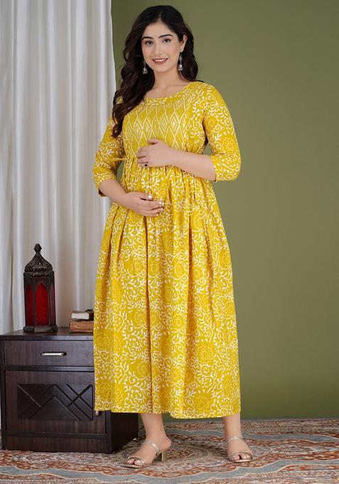 Yellow Printed Cotton Maternity Maxi Dress