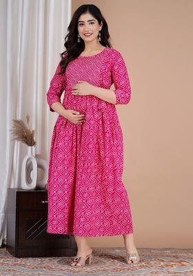 Pink Printed Cotton Maternity Maxi Dress