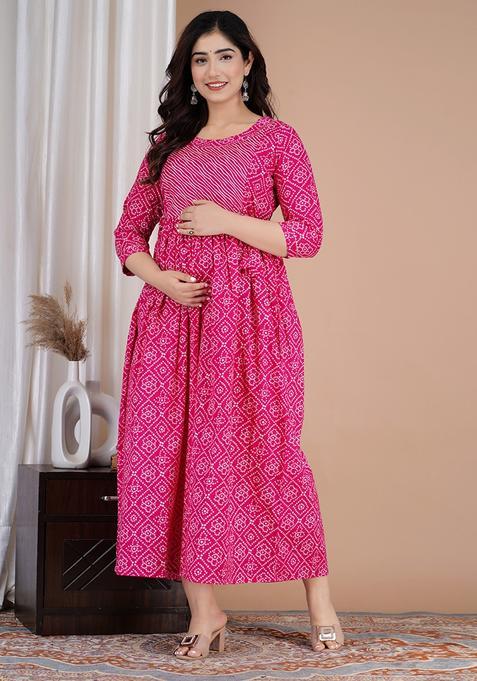 Pink Printed Cotton Maternity Maxi Dress