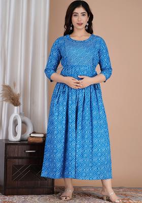 Blue Printed Cotton Maternity Maxi Dress