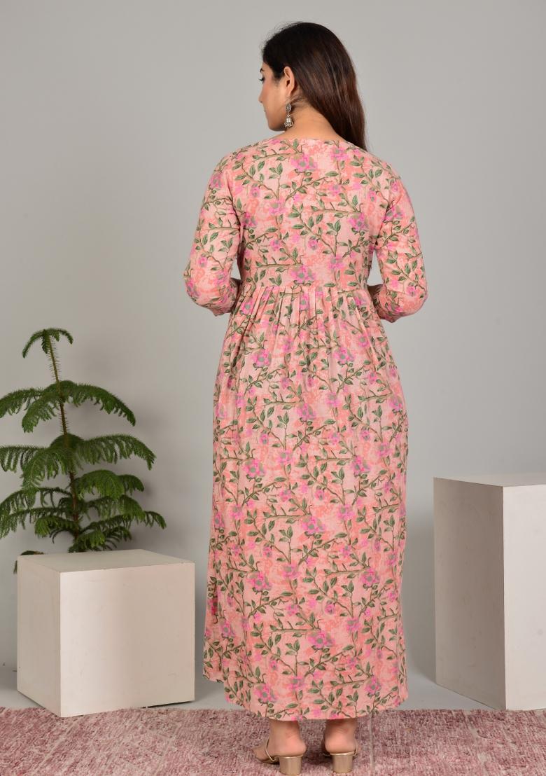 Peach Printed Cotton Maternity Maxi Dress - Indya