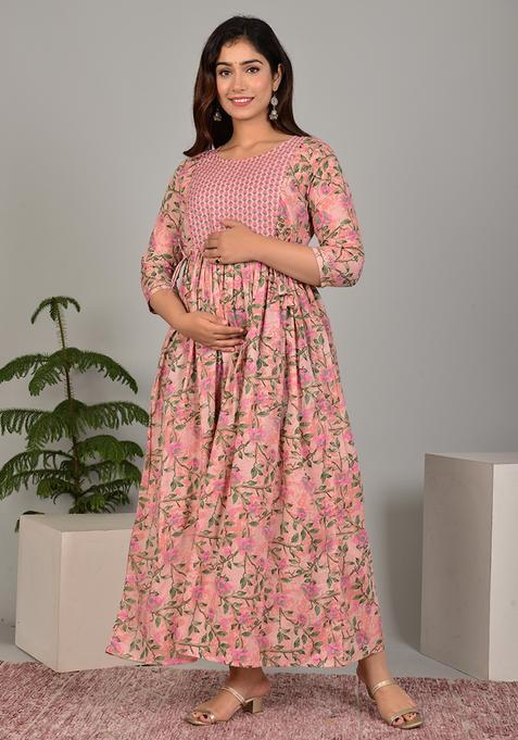 Peach Printed Cotton Maternity Maxi Dress