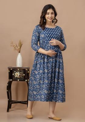 Blue Printed Cotton Maternity Maxi Dress