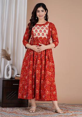 Navy Blue Printed Cotton Maternity Maxi Dress