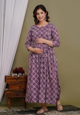 Purple Printed Cotton Maternity Maxi Dress