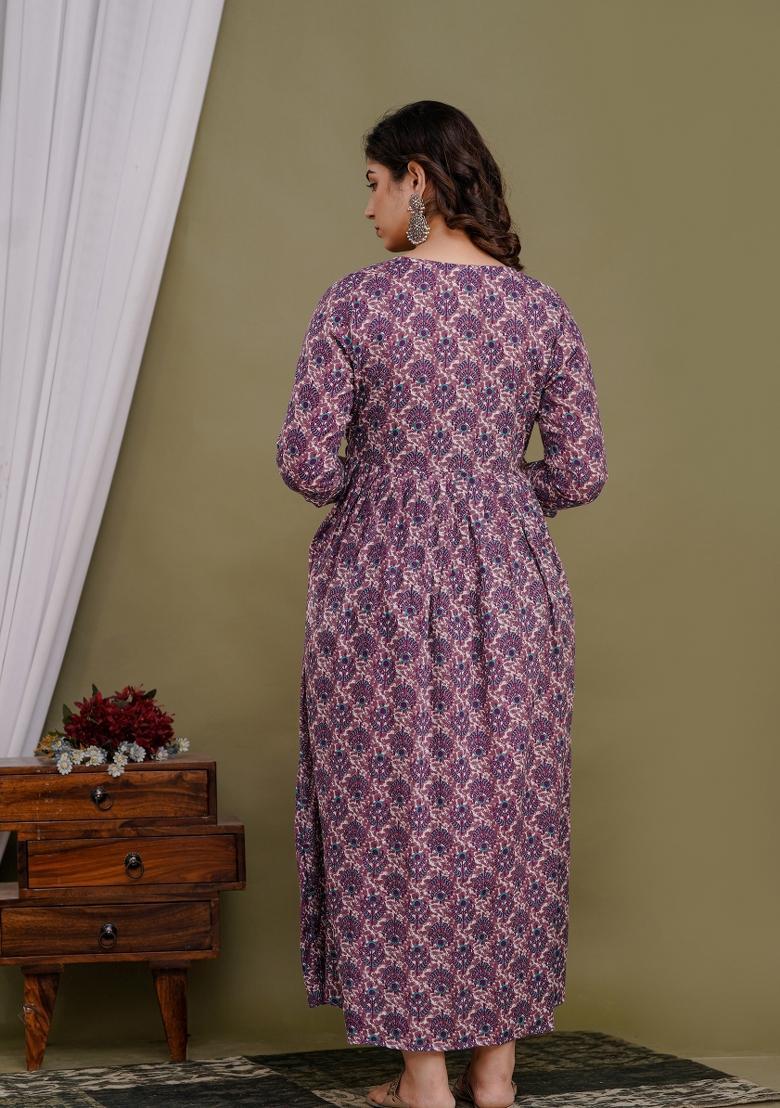 Purple Printed Cotton Maternity Maxi Dress - Indya