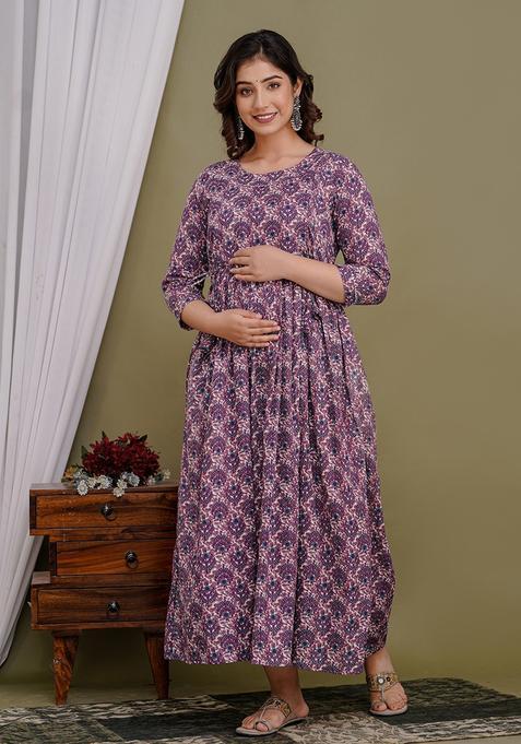 Purple Printed Cotton Maternity Maxi Dress