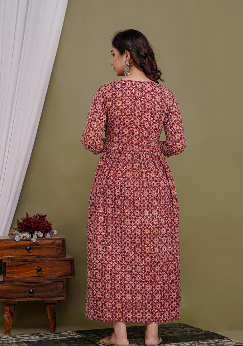 Maroon Printed Cotton Maternity Maxi Dress - Indya