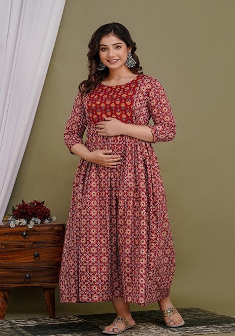 Maroon Printed Cotton Maternity Maxi Dress